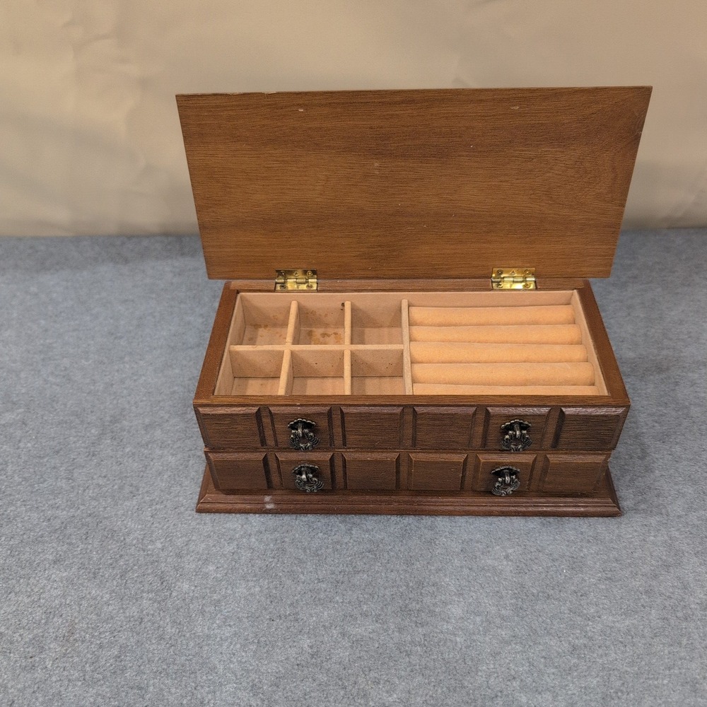 Vintage Wood Jewelry Box Organizer Two Drawer Ring Holder Ornate Pulls 10" Wide - Picture 3 of 8